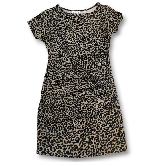 Sea New York Mini Dress Ruched Leopard Animal Print Short Sleeve Black Tan 2 - Picture 1 of 12